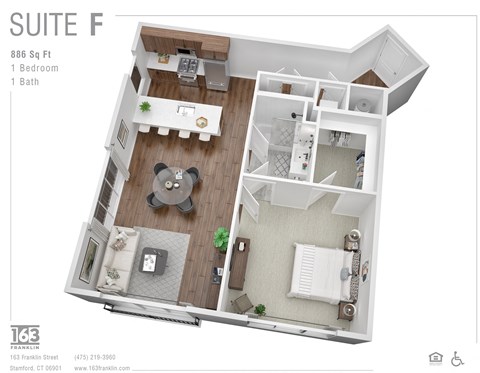 Floor plan for 1 bed, 1 bath, 886 sqft